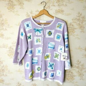 Vintage Susan Bristol purple dragon fly granny patchwork cardigan sweater L NWT